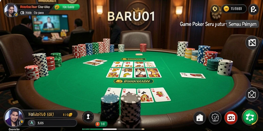 Screenshot gameplay BARU01 menunjukkan momen seru di meja poker.