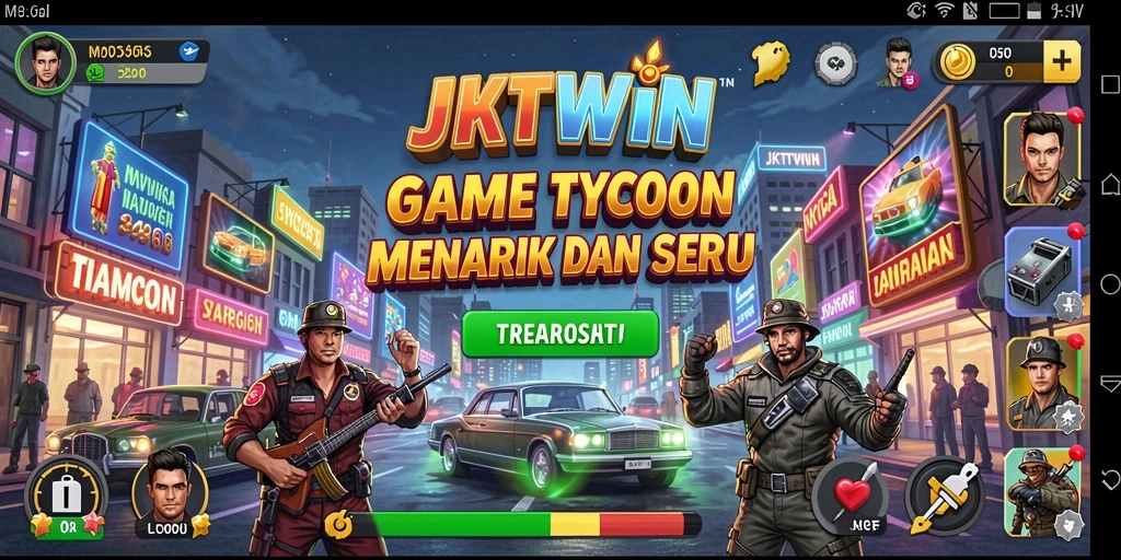 Tampilan gameplay menarik dari JKTWIN yang menunjukkan pengelolaan bisnis.
