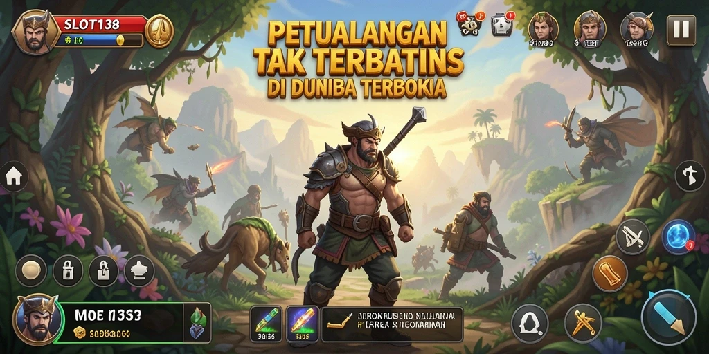 Screenshot utama gameplay SLOT138 menampilkan eksplorasi dunia terbuka yang menakjubkan.